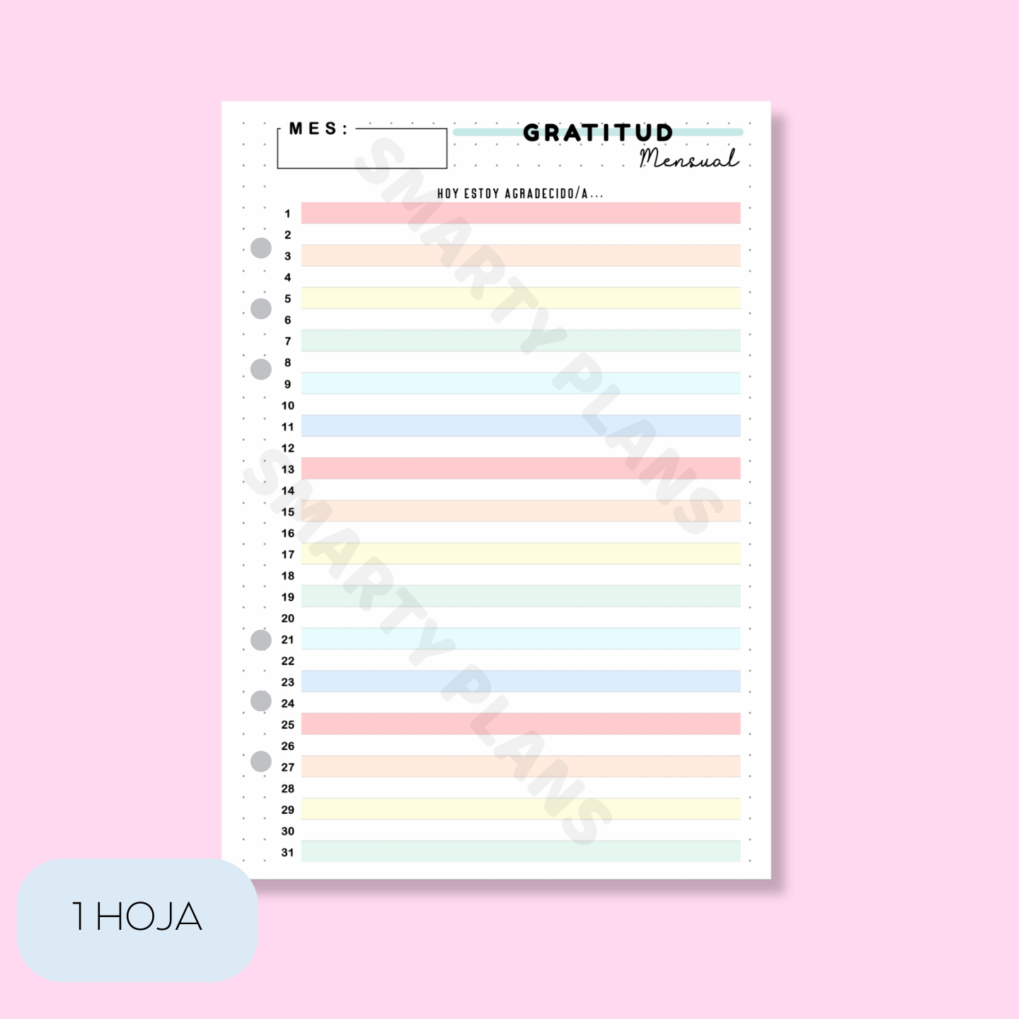 Plantilla Individual Mensual 1 Linea al Día - Gratitud