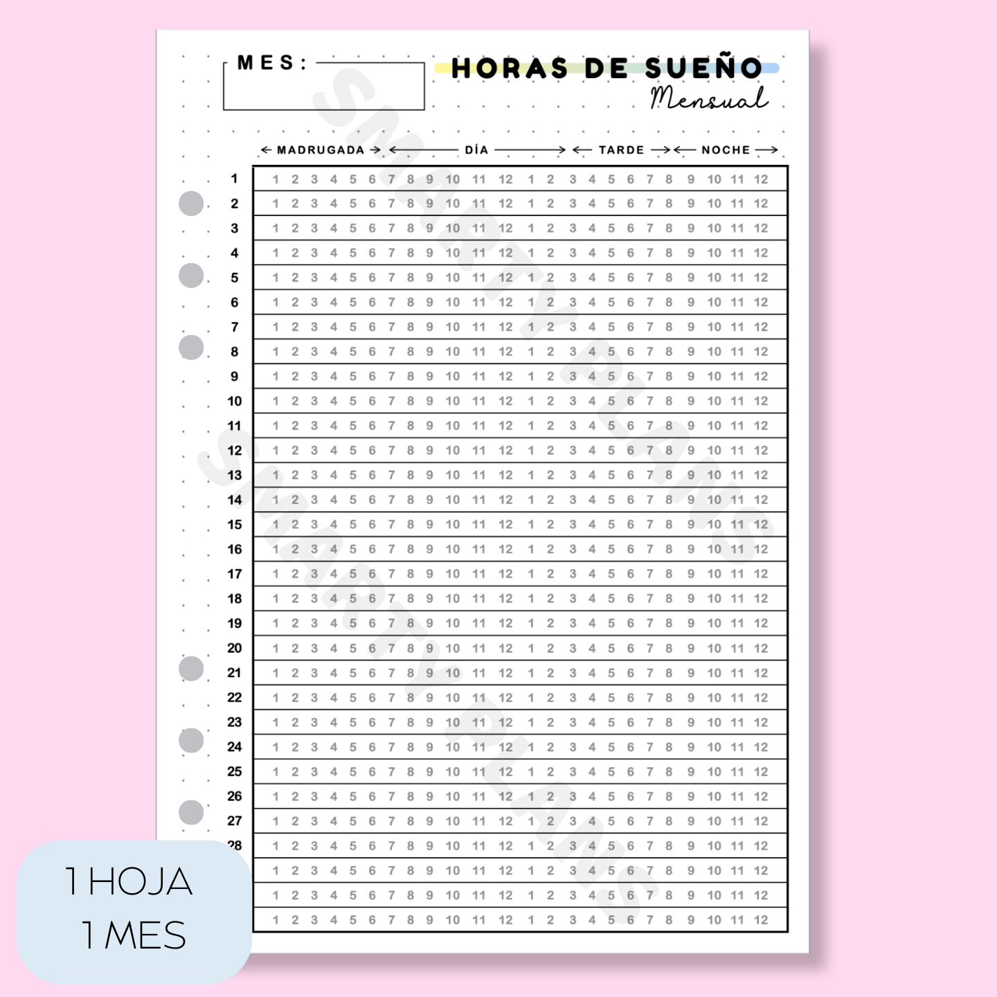 Plantilla Mensual - Horas de Sueño 24h