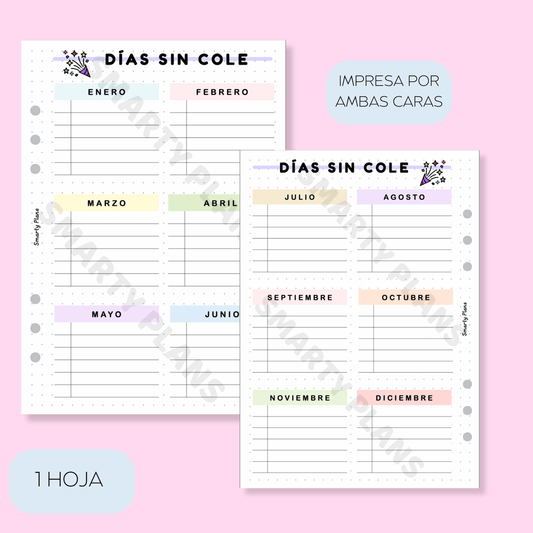 Hoja Anual - Calendario Días Sin Cole