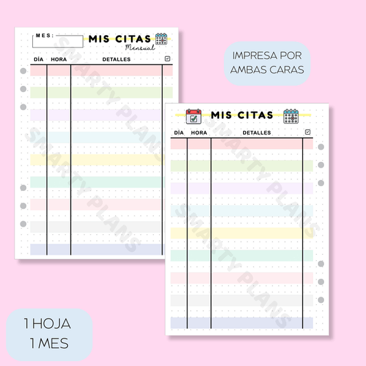Plantilla Individual Mensual Calendario - Mis Citas